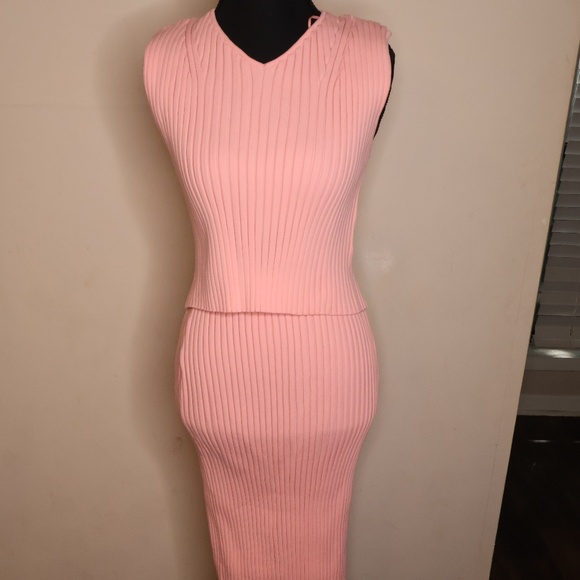 ZARA Womens Knit 2 Piece Set Crop Top & Midi Skirt Size Small Pink Ribbed - Picture 1 of 14